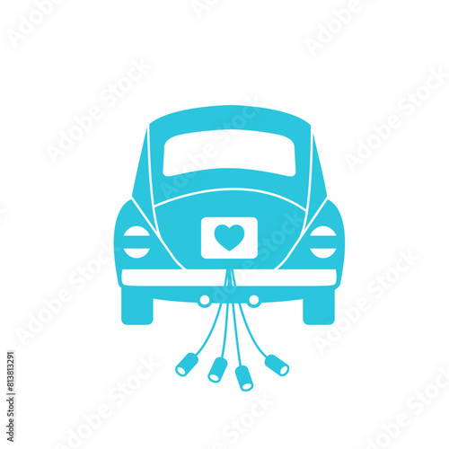Minimalistic Vintage retro car, Wedding car, Back view, Isolated on white background. From blue icon set.