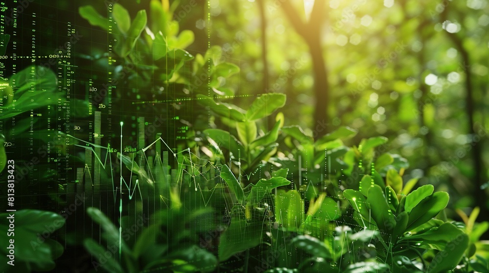 Eco-investments in focus, lush green forest with hidden stock charts, blending nature with finance Eco-investments in focus, lush green forest with hidden stock charts, blending nature with finance