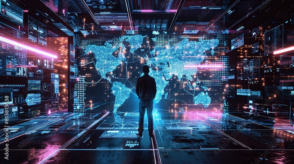 Futuristic AI-driven market research lab, holographic data projections, cutting-edge investment tech