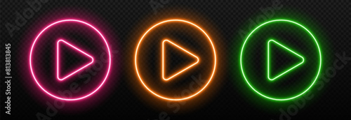 Neon light play button. Glow of the game sign. Musical laser triangle in a circle. Vector symbol for design in clubs and cinema.