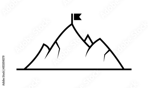 Mountain with flag icon. Linear style. Vector icon