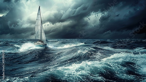 Lone yacht navigating through stormy seas, metaphor for resilient investment strategy amidst market turbulence photo