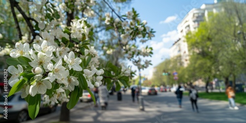 Close-up view of tree branch with white blooms in spring with raining people walking in the park in the background © didar