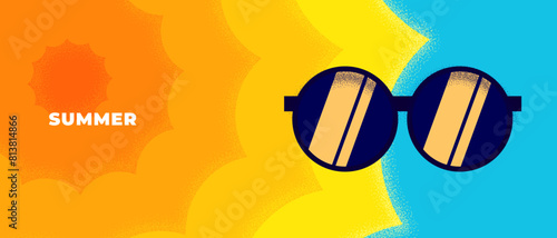 Abstract retro minimal summer travel horizontal banner. Vintage print rest on sea beach with sun and sunglasses. Summertime tourist vacation party graphic design. Trendy minimalist seasonal background
