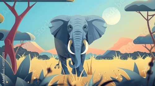 Elephant flat design front view, safari theme, animation, vivid photo