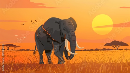 Elephant flat design front view, safari theme, animation, vivid photo
