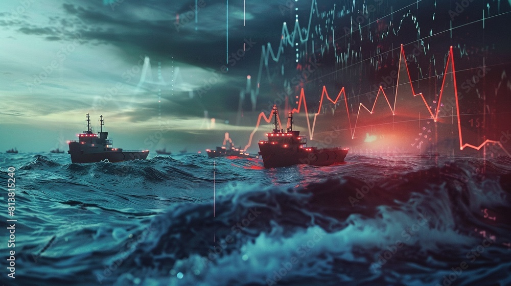 Animated market volatility graph, stormy ocean visual metaphor with ships navigating financial trends