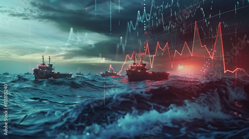 Obraz na płótnie Animated market volatility graph, stormy ocean visual metaphor with ships navigating financial trends w salonie