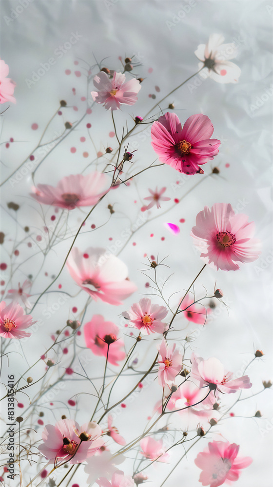 Summer wallpaper with Pink blossom cosmos flowers with copy space in artistic minimalist water painting. Summer wallpaper with Pink blossom cosmos flowers with copy space in artistic minimalist water painting.