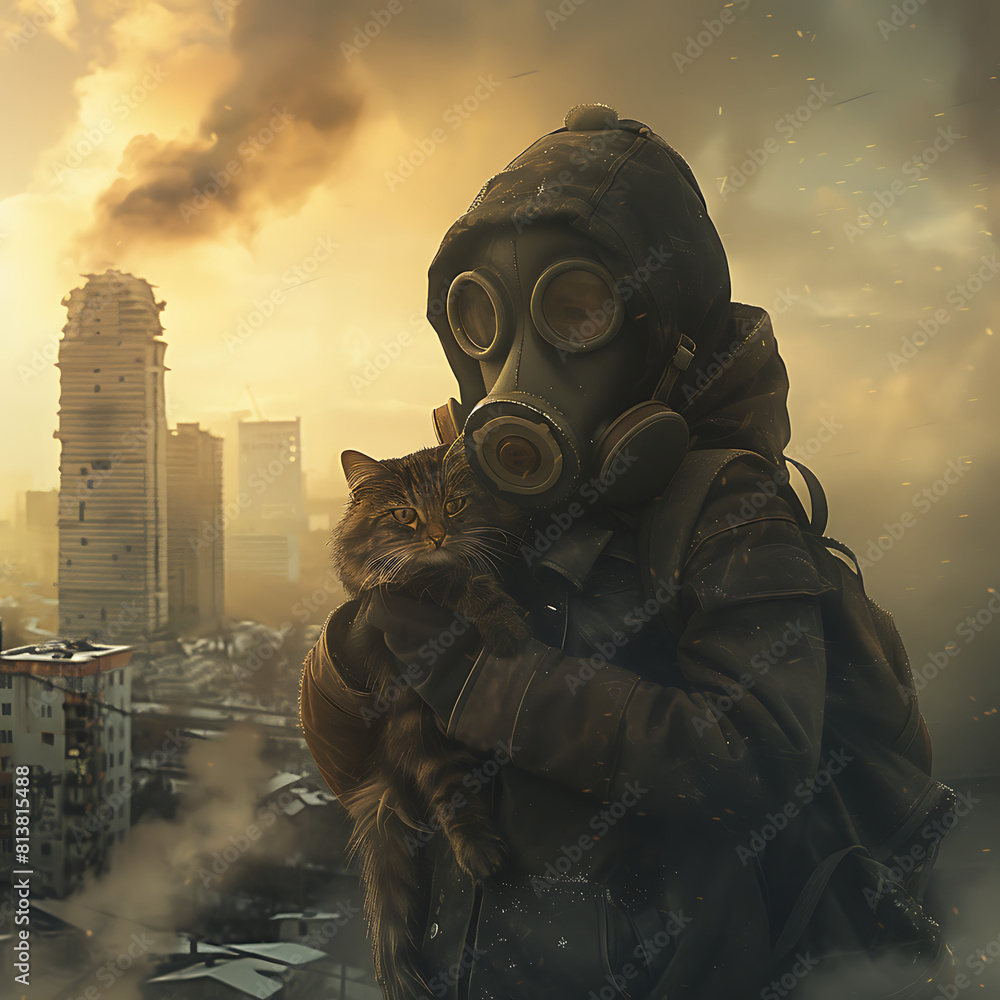 Kids in a gas mask, holding a Little cat, against a backdrop of a dilapidated city with billowing smoke and ominous green haze Kids in a gas mask, holding a Little cat, against a backdrop of a dilapidated city with billowing smoke and ominous green haze