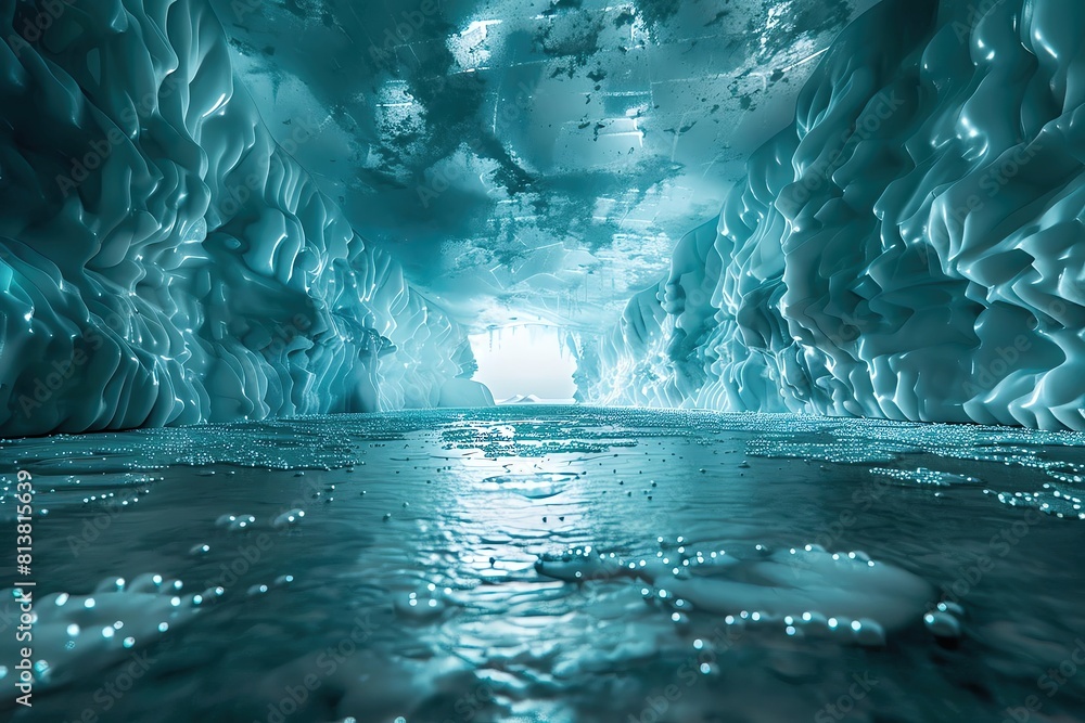 Iceberg interior with trapped bubbles and refracted light front view revealing frozen secrets cybernetic tone Complementary Color Scheme Iceberg interior with trapped bubbles and refracted light front view revealing frozen secrets cybernetic tone Complementary Color Scheme