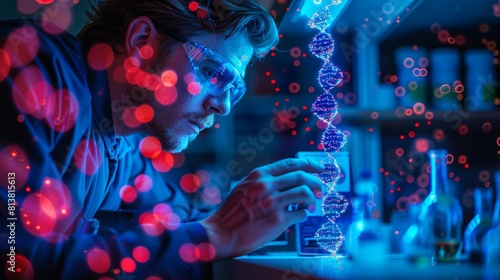 Scientist in Laboratory Analyzing DNA Structure Amidst High-Tech Holographic Displays, Representing Cutting-Edge Genetic Research and Advanced Biotechnology