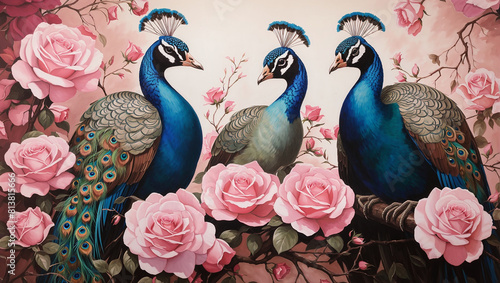 A painting of two peafowl standing in front of a pink rose bush.

 photo