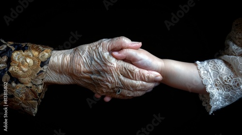 Touching Moment of Generational Connection as Elderly Hand Holds Young Child's Hand, Symbolizing Love, Heritage, and the Passage of Time