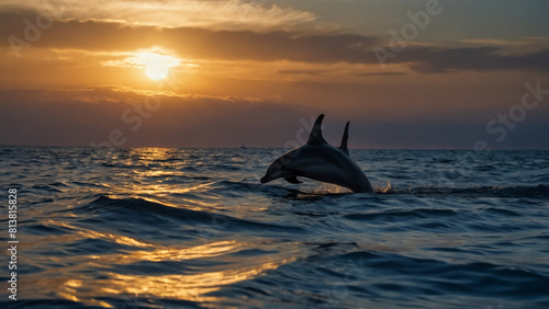 Beautiful dolphin jumping from shining water . Dolphins jumping . landscape at sunset .  © Noman