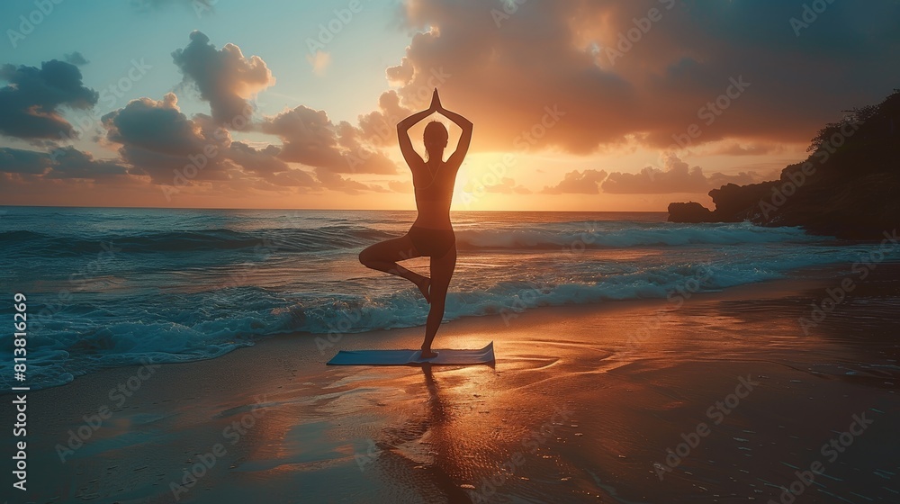 Silhouette of a Woman Practicing Yoga on a Beach at Sunrise, Embodying Serenity and Balance Against a Breathtaking Sky