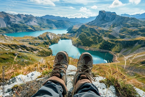 Close-up of Climber s Feet Resting at the Mountain Summit  Overlooking Stunning Views of a Lake Amidst Mountains