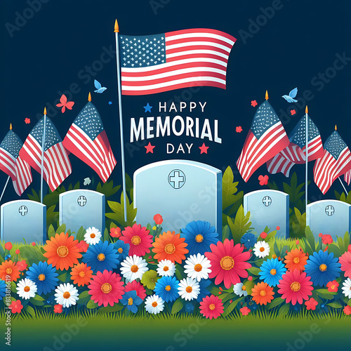 American Memorial Day social media post banner or greeting card design With flowers, American soldiers, and flag