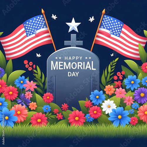 American Memorial Day social media post banner or greeting card design With flowers, American soldiers, and flag