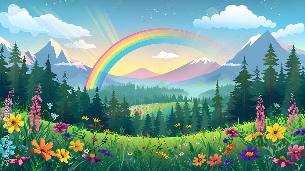 Alpine Meadows Rainbow: Vibrant Flat Design Backdrop Illustrating Wildflowers and Lush Grass with Rainbow Spectrum   Adobe Stock Concept