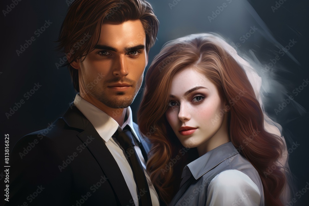 Digital illustration of a handsome man and beautiful woman dressed in formal wear, exuding elegance Digital illustration of a handsome man and beautiful woman dressed in formal wear, exuding elegance