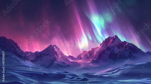 Stunning Flat Design Backdrop: Aurora Borealis Over Snowy Mountains Northern Lights Swirl Over Snowy Peaks Creating a Breathtaking Display of Nighttime Nature Art Flat Illustra