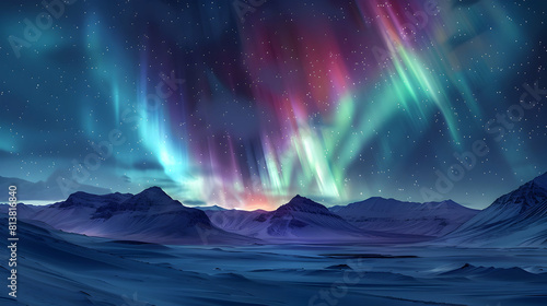 Aurora Borealis Over Snowy Mountains: Northern lights swirl over snowy peaks in a breathtaking display of nature s nighttime art Flat Design Backdrop