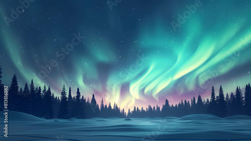 Flat Design Backdrop Aurora Over Snowy Forest Concept: Vibrant Auroras Swirl Over a Snowy Forest, Casting Magical Colors Against the Stark White Landscape Flat Illustration