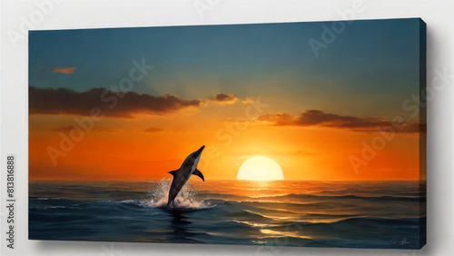 Beautiful dolphin jumping from shining water . Dolphins jumping . landscape at sunset .
