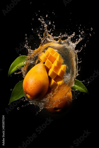 Fresh mango,fall in water,splash,commercial photography,dark background,creative fruit concept. photo