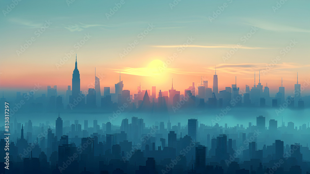 Misty Urban Cityscape: Merging City Life with Nature in Flat Design Backdrop   Illustration