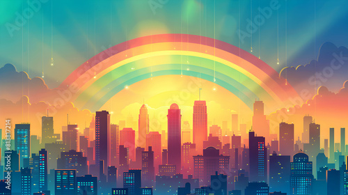 Cityscape Rainbow  A stunning urban nature contrast with a vibrant rainbow backdrop   Flat design illustration