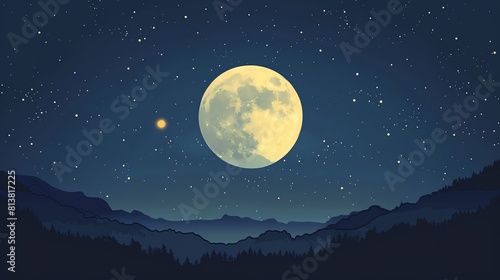 Full moon flat design top view  night sky theme  cartoon drawing  Complementary Color Scheme