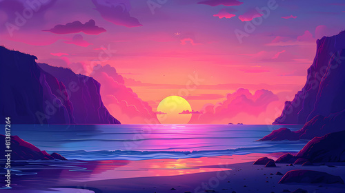 Coastal Cliff Sunset  The sun casts a warm glow on the cliffs with ocean waves reflecting the vibrant sky. Flat design backdrop illustration.