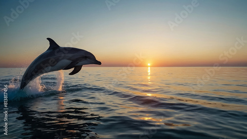 Beautiful dolphin jumping from shining water . Dolphins jumping . landscape at sunset . 