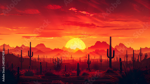 Desert Sunset Serenity: The desert comes alive at sunset with cacti silhouettes against a fire red sky offering a moment of serenity. Flat design backdrop.