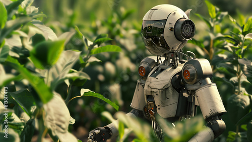 Smart robotic futuristic farmers working on field Agriculture technology, automation