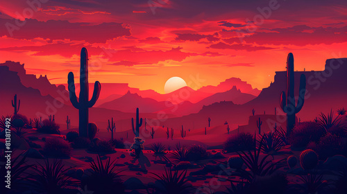 Incredible Sunset Serenity: Cacti Silhouettes in Desert Oasis Flat Design Backdrop
