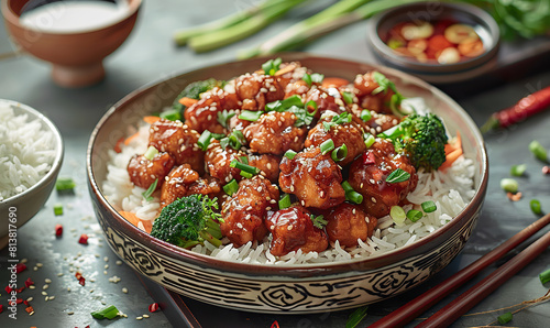 A bowl of sweet and sour chicken over rice with broccoli and garnishes. Generate Ai photo