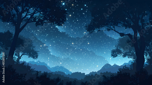 Mysterious Forest Canopy Under Starry Sky: Enchanting Flat Design Backdrop Illustration of Woodland Night Scene