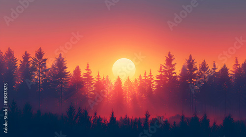 Enchanting Forest Sunset: Flat Design Backdrop with the Sun Dipping at the Edge, Illuminating Treetops and Casting Long Shadows Flat Illustration
