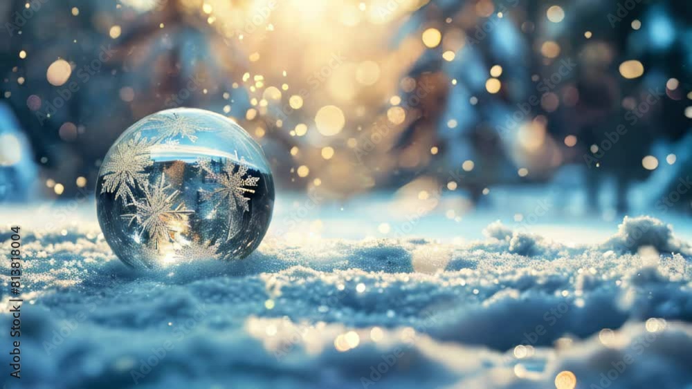 A beautiful glass ball with snowflakes lies in the snow in the forest, banner, copy space A beautiful glass ball with snowflakes lies in the snow in the forest, banner, copy space