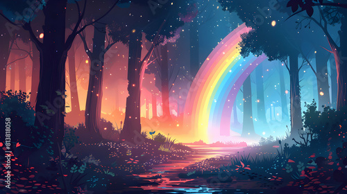 Forest Trail Rainbow: Vibrant Flat Design Backdrop Illustrating Adventurers Guided by Rainbow Through Lush Woodland Scenery