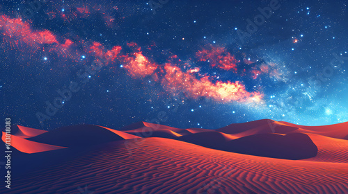 Flat Design Backdrop: Galactic Core Over Desert Dunes   The galactic core of the Milky Way rising dramatically over sand dunes, showcasing the stark contrast between sand and stars