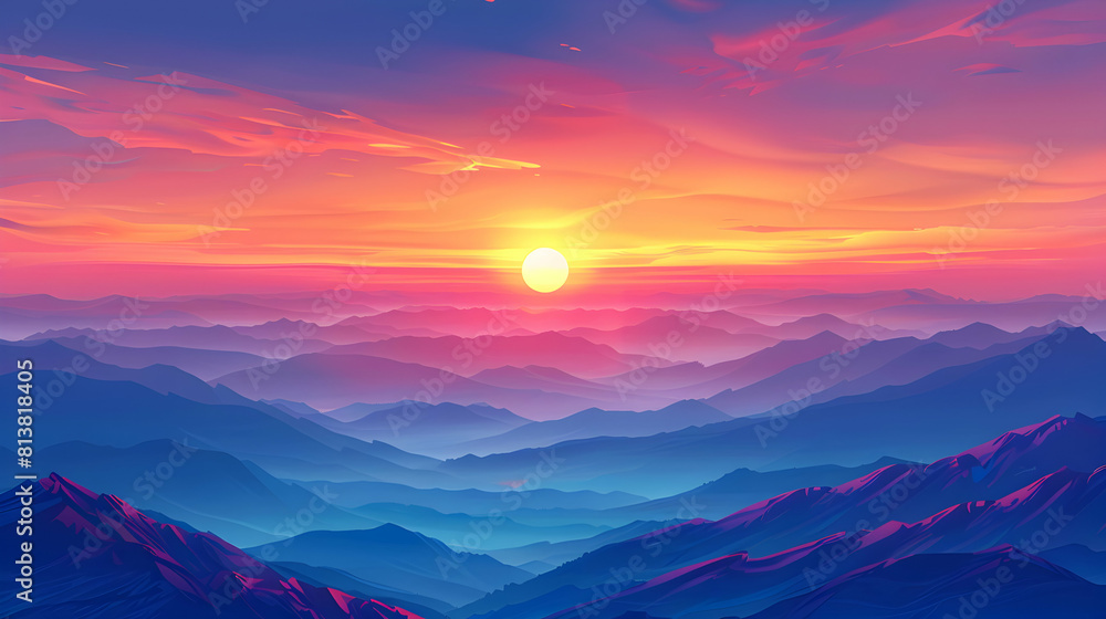 High Altitude Sunset: A Unique Perspective on Sprawling Landscapes Below   Flat Design Illustration