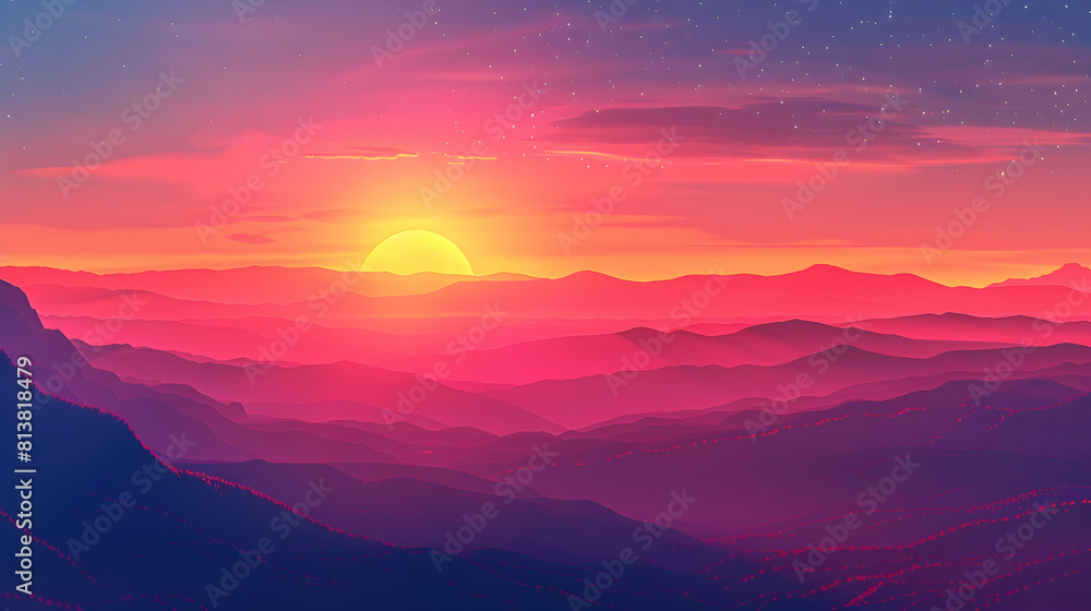 A sunset viewed from high altitude offers a unique perspective on the sprawling landscapes below. Flat design backdrop: High Altitude Sunset concept