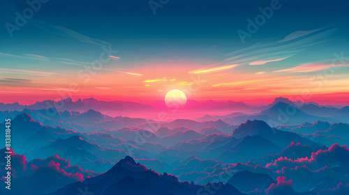 High Altitude Sunset: A Unique Perspective on Sprawling Landscapes   Flat Design Backdrop © Gohgah