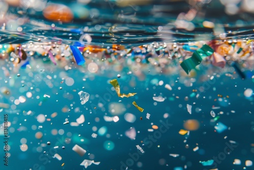 Bright microplastic particles in ocean water, concept of pollution in nature
