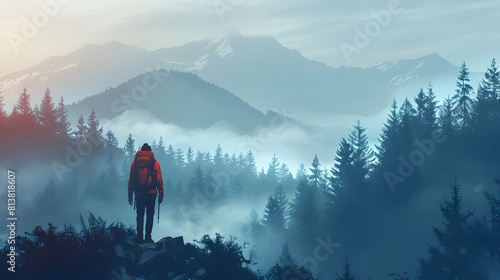 Flat Design Backdrop: Hiker in Morning Mist Embarking on Outdoor Adventure   A hiker captures solitude in misty trail. Flat Concept Illustration. © Gohgah
