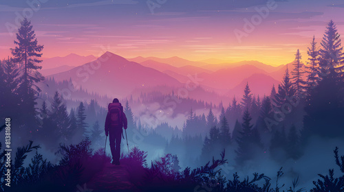 Hiker in Morning Mist: A Journey of Solitude and Adventure   Flat Design Backdrop Illustration photo